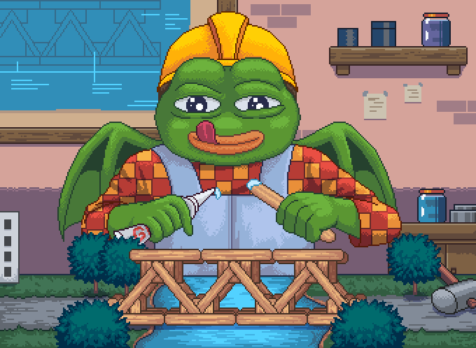 A pixel-art green goblin character wearing a hard hat and overalls works on constructing a wooden bridge over a stream, seemingly crafting or repairing it with tools in hand. The scene illustrates the ongoing development and building efforts behind "Fabled Chronicles," symbolizing the project's progress as they prepare for their onchain gaming platform launch.
