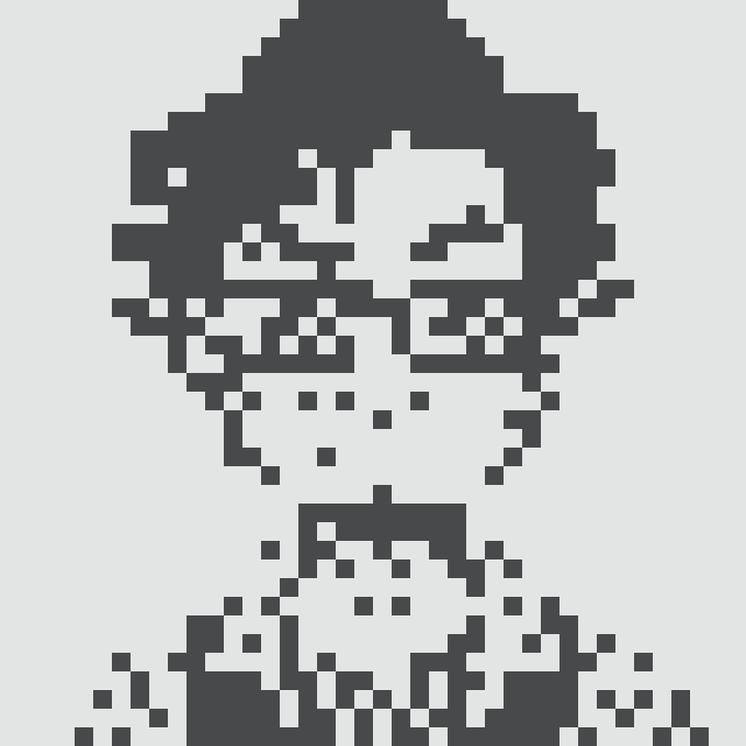 A black and white pixel art illustration depicting a hooded figure or skull-like character.