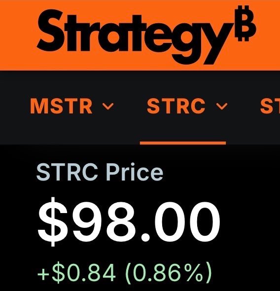 A Strategy (formerly MicroStrategy) webpage displays the STRC price at $98.00, up $0.84 (0.86%), supporting the post's playful verse celebrating STRC's near-$98 valuation while mocking bears who doubted it.
