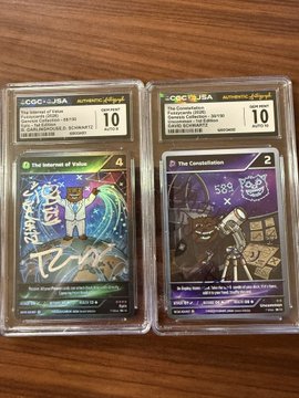 Two CGC-graded 10 Mint Pokémon cards—a Japanese "The Interceptor of Sinis" and "The Constellation"—are displayed side by side in protective slabs, with the left card signed "David Schwartz" and the right card featuring an illustration of "DAVID SCHWARTZ, CTO RIPPLE" alongside references to XRP and XRPL. The image reflects the post's celebration of Fuzzycards and highlights how signed cards featuring notable XRPL figures like David Schwartz are creating buzz in the community.