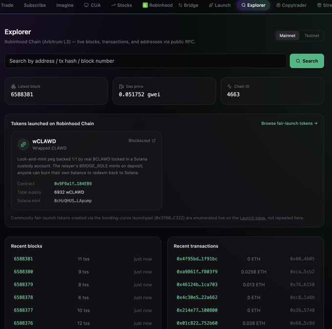 A screenshot of a cryptocurrency Explorer page for Robinhood Chain (Arbitrum L2), showing token information for wCLAWD, recent blocks like 6588381, and recent transactions with ETH values.