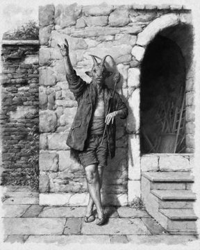 A black-and-white vintage illustration of an anthropomorphic mouse or rat dressed in a suit and vest, standing on a cobblestone path beside a stone archway and pointing upward with one hand.