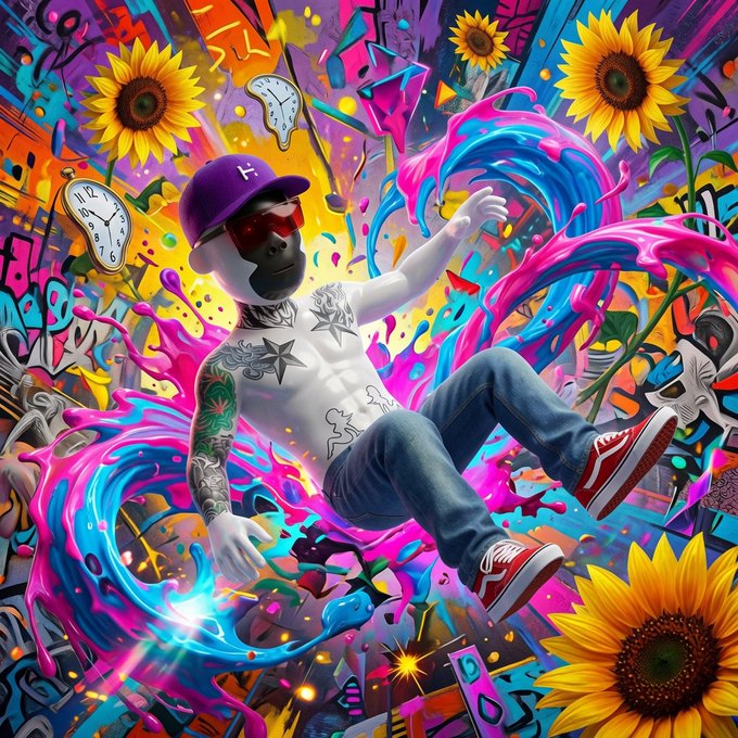 A vibrant, colorful graffiti-style digital artwork depicting a figure in a cap and sunglasses falling through a chaotic scene of paint splashes, sunflowers, and melting clocks.