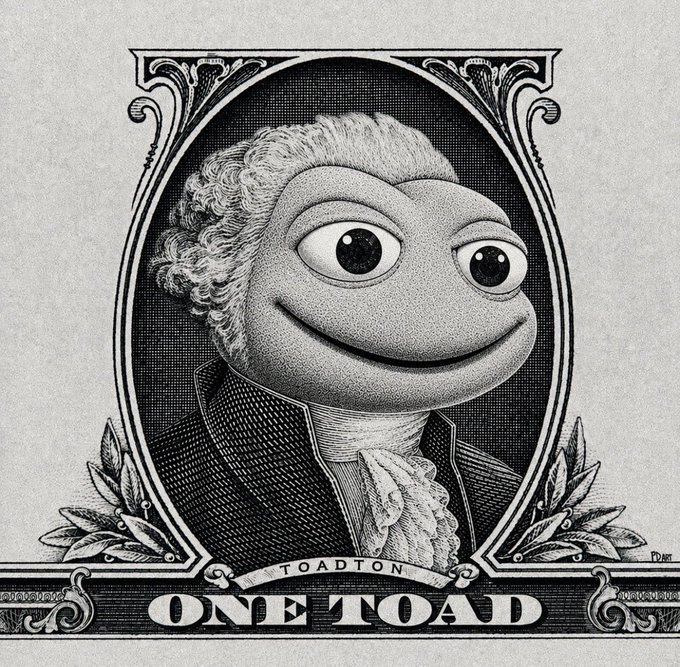 A black and white illustration styled like currency, featuring a smiling frog character in 18th-century attire with a powdered wig, labeled 'TOADTON' and 'ONE TOAD'.