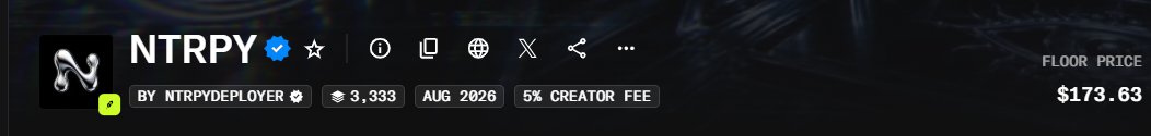 The image shows a header banner for an NFT collection called "NTRPY" with a verified blue checkmark, displaying key metrics: created by NTRPYDEPLOYER, a supply of 3,333 items, launching in August 2026, with a 5% creator fee, and a current floor price of $173.63. The post's message about a "good team shipping good stuff" likely refers to the NTRPY project's progress or upcoming launch, with the image serving as visual context showcasing the project's legitimacy, scarcity (limited 3,333 supply), and current market value to the NFT community.
