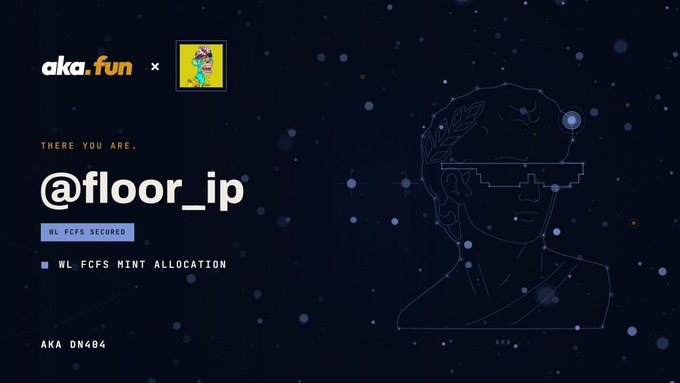 A dark promotional graphic showing 'aka.fun' collaboration with @flloor_ip, noting 'WL FCFS SECURED' and 'WL FCFS MINT ALLOCATION' alongside a stylized line drawing of a character.