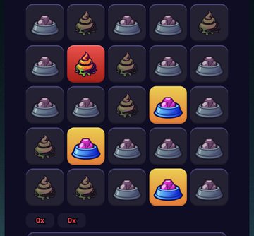 A grid-based puzzle game featuring cartoon poop emoji icons in various states, with some highlighted in yellow and one in red.