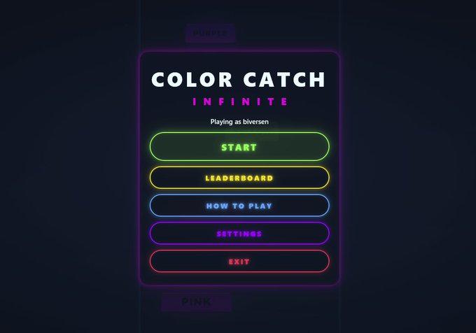 A game menu screen for "COLOR CATCH INFINITE" showing neon-outlined buttons for START, LEADERBOARD, HOW TO PLAY, SETTINGS, and EXIT, with the user playing as 'biversen'.