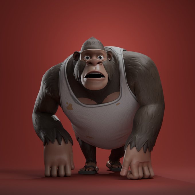 A 3D-rendered cartoon gorilla wearing a stained white tank top and flip-flops, posed in a hunched stance against a red background.