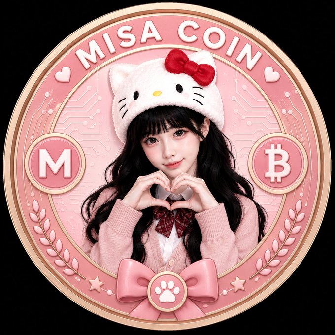 A circular pink coin graphic for 'MISA COIN' featuring a young woman wearing a Hello Kitty hat, flanked by 'M' and Bitcoin '₿' symbols.