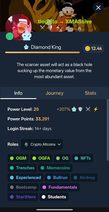 The image shows a phone screen displaying information about a cryptocurrency called "Diamond King". The screen has a list of different cryptocurrencies, including "Diamond King", along with their respective values and power levels. The text also mentions that there are two roles in this particular cryptocurrency, which could be used for trading or mining purposes.

The image is related to the post because it provides information about the cryptocurrency Diamond King, which can be useful for users who want to learn more about different cryptocurrencies or make informed decisions regarding their investments.