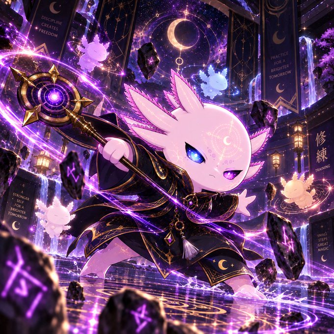 An anime-style illustration of a chibi pink axolotl-like magical character wielding a glowing purple staff, surrounded by floating crystals and small spirit creatures in a mystical temple setting with banners reading "DISCIPLINE CREATES FREEDOM" and "PRACTICE FOR A BRIGHTER TOMORROW".