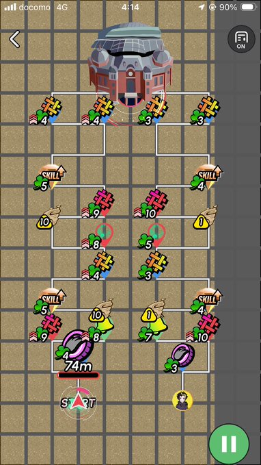 A mobile game screenshot showing a tower defense or strategy map with a "START" zone, numbered units, and skill icons on a grid, with a "74m" distance indicator and a pause button, reflecting a moment of unexpected victory in gameplay.