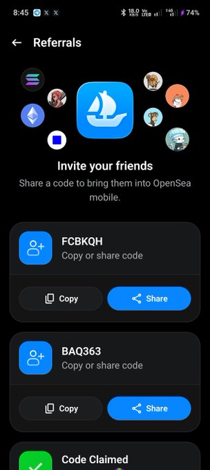A mobile screen showing an OpenSea 'Referrals' page with 'Invite your friends' text and two shareable codes: FCBKQH and BAQ363, each with Copy and Share buttons.