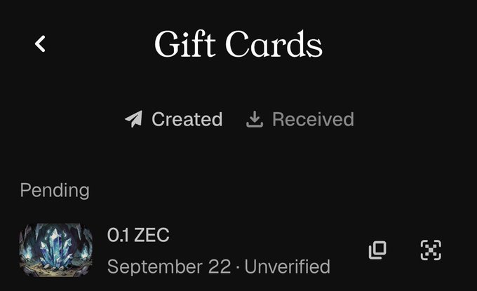A screenshot of a 'Gift Cards' interface showing a pending transaction of '0.1 ZEC' dated 'September 22 · Unverified'.