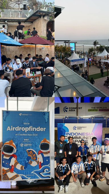 A collage shows team members networking, attending Coinfest Asia, and posing with an “Airdropfinder at Coinfest Asia 2026” sign. The event branding and post express the team’s gratitude for attending Coinfest Asia and their excitement for Coinfest Asia 2027.