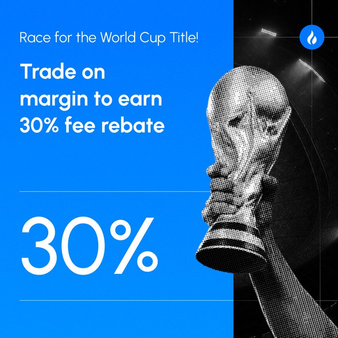 The image is a promotional graphic for HTX's "Race for the World Cup Title" margin trading event, featuring a blue background with a halftone-style image of the FIFA World Cup trophy and stadium lights, alongside text highlighting "Trade on margin to earn 30% fee rebate" and a large "30%" graphic that visually reinforces the post's offer of up to 30% fee rebates for existing users.
