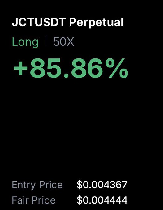 A cryptocurrency trading screenshot showing a JCTUSDT Perpetual long position with 50X leverage currently up +85.86%, with an entry price of $0.004367 and a fair price of $0.004444, reflecting the poster's optimistic "$jct keep going" sentiment.