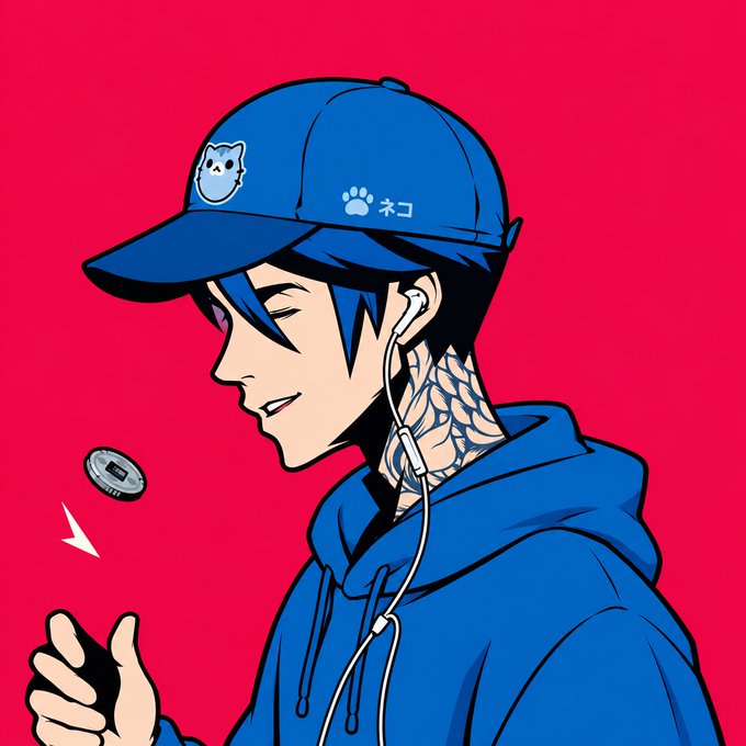 A blue-haired anime character in a matching cap and hoodie flips a coin, with earbuds in and a tattooed neck, against a red background. The cap reads "ネコ" (Neko) with a paw print, and the coin appears to show "2.0," tying into the upbeat "Good Morning fam, wishing a great weekend!" vibe with a fresh, casual start.