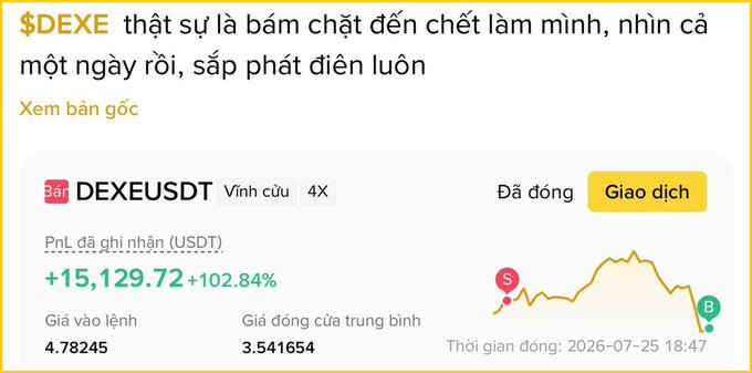 A screenshot shows a trader commenting on $DEXE (DEXEUSDT perpetual futures) with a +$15,129.72 (+102.84%) unrealized PnL loss at an entry of 4.78245, accompanied by a chart depicting the volatile price movement on Binance from July 25, 2026. The post highlights how a short position went sharply against the trader, reflecting the unpredictability attributed to DWF Labs' market activity.