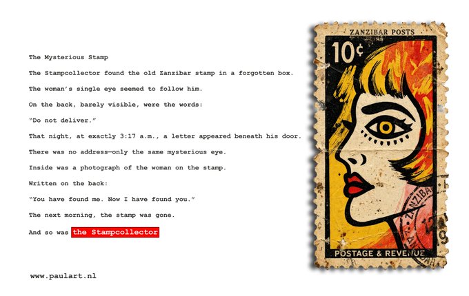 A short poem titled "The Mysterious Stamp" tells a spooky story next to a vintage Zanzibar Posts stamp featuring a stylized woman with a single large eye; the text concludes with "the Stampcollector" highlighted in red, with "www.paulart.nl" at the bottom.