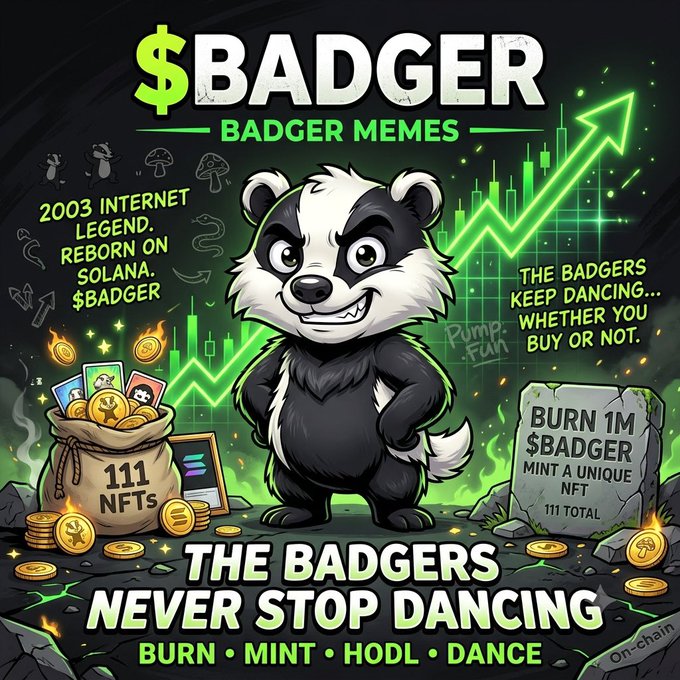 A vibrant promotional poster for the '$BADGER' cryptocurrency by Badger Memes, featuring a cartoon badger character surrounded by gold coins, NFTs, and a green price chart trending upward, with text including '2003 INTERNET LEGEND. REBORN ON SOLANA', '111 NFTs', 'BURN 1M $BADGER', and 'BURN • MINT • HODL • DANCE'.
