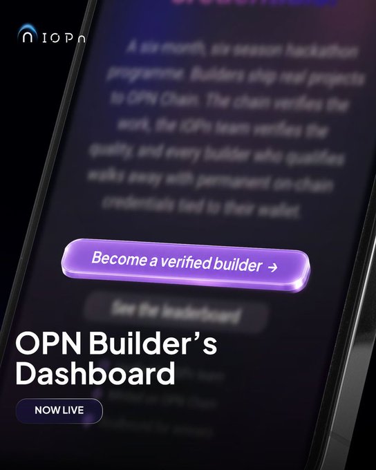The image shows an iPhone displaying a dashboard screen with text about becoming a verified builder of the OPN Builder's Dashboard. The phone is placed against a dark background, drawing attention to the dashboard display. The text provides information on the platform, such as verifying builders and their work, and gaining credibility through a badge. The overall layout appears professional and well-organized, with each element clearly visible and easily readable.