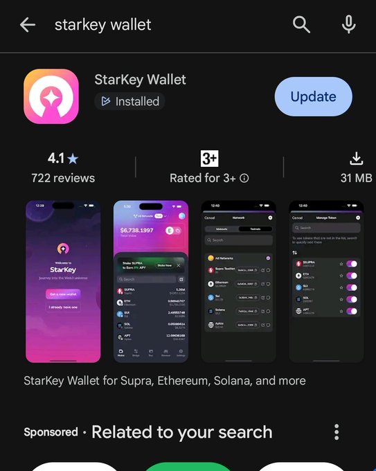 A Google Play Store listing for the 'StarKey Wallet' app, currently installed, with a 4.1-star rating from 722 reviews and a 31 MB file size, described as 'StarKey Wallet for Supra, Ethereum, Solana, and more'.