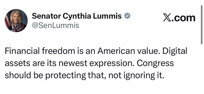 A tweet from Senator Cynthia Lummis (@SenLummis) stating, "Financial freedom is an American value. Digital assets are its newest expression. Congress should be protecting that, not ignoring it." This aligns with the post's claim about the impending passage of the CLARITY Act ($XRP), as Lummis is a known advocate for digital asset regulation in Congress.