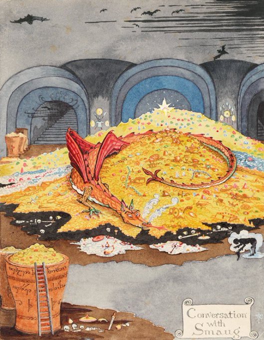 An artistic watercolor-style illustration depicts a red dragon (Smaug) sleeping atop a massive pile of golden treasure, with the caption 'Conversation with Smaug' in the bottom right corner.