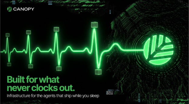 A dark digital poster for 'Canopy' featuring a green heartbeat-style line transforming into a tree logo, with text reading 'Built for what never clocks out. Infrastructure for the agents that ship while you sleep.'