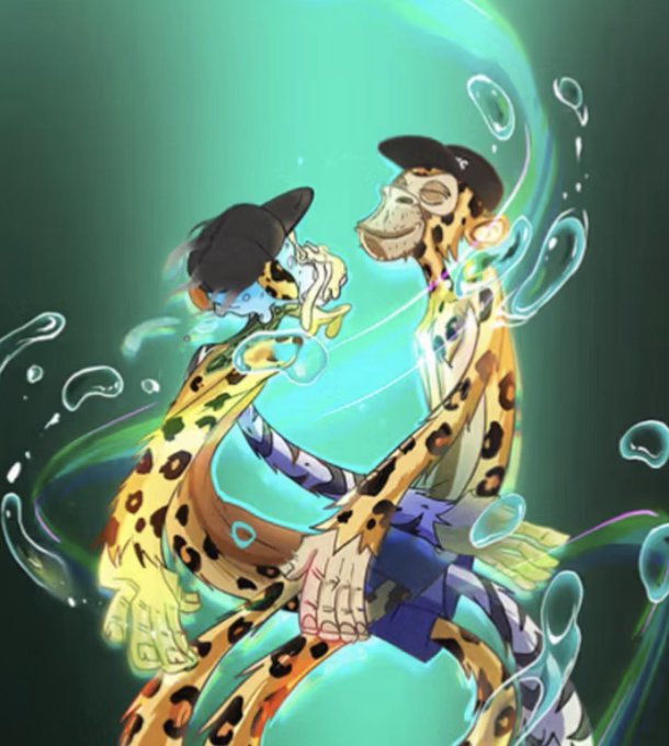 Two anthropomorphic cheetah characters wearing caps and streetwear embrace in a tender pose, surrounded by flowing blue water orbs and a glowing teal aura. The artwork visually embodies the post's message of "APES SUPPORT APES," symbolizing solidarity and connection within the ApeChain community NFT collection.