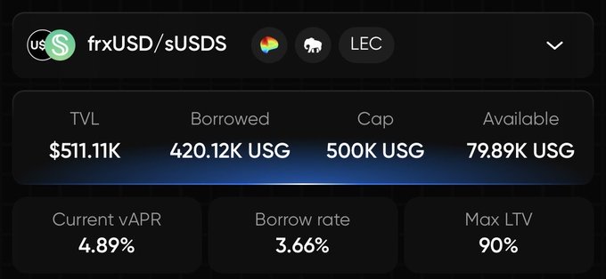 DeFi lending interface showing frxUSD/sUSDS pool statistics on the LEC protocol, with TVL of $511.11K, 420.12K USG borrowed, current vAPR at 4.89%, borrow rate at 3.66%, and max LTV of 90%.