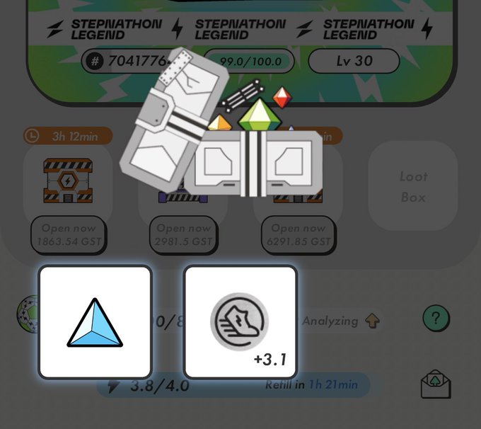 A mobile game screen titled 'STEPNATHON LEGEND' showing level 30 with 99.0/100.0 progress, featuring loot boxes and a 3D sneaker NFT with +3.1 efficiency stats.