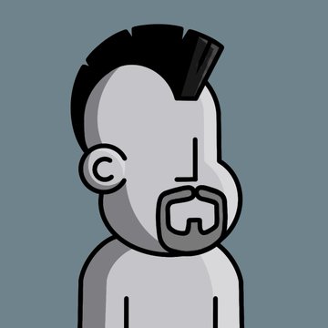 The image features a cartoon character with a goatee, mustache, and a bald head. The character appears to be wearing a white shirt against a blue background. There are no texts or other objects present in the image. The focus of the image is on the character's facial hair and attire, which seem to be the main elements that draw attention.