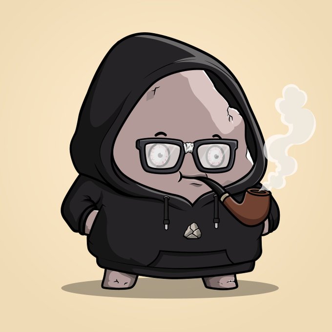 A cartoon illustration of a cute, chubby rock-like character wearing glasses and a black hoodie, smoking a wooden pipe that emits white smoke, standing against a beige background.