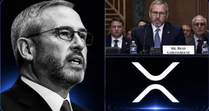 A news graphic showing Brad Garlinghouse (labeled "MR. BRAD GARLINGHOUSE") at a Senate hearing alongside the XRP logo, referencing Ripple's CEO testifying before the SEC.