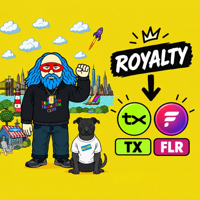 A colorful cartoon illustration featuring a blue-bearded man in a 'TRIBALISM CLUB' hoodie raising his fist, standing next to a black dog wearing a 'BitCoin' shirt, with 'ROYALTY' text pointing to TX and FLR (Flare) cryptocurrency logos.