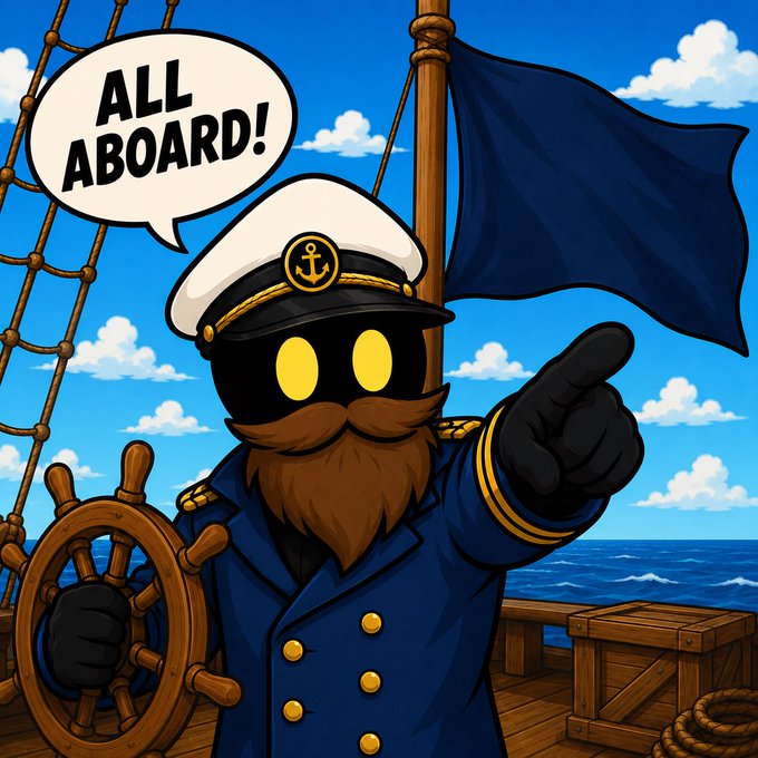 A cartoon shadowy ship captain with glowing yellow eyes, a brown beard, and a white admiral's hat stands at the helm of a sailing ship, pointing outward and declaring "ALL ABOARD!" in a speech bubble—a playful visual riff on the "onboard them all" post, evoking the rallying call to bring everyone onto the voyage.