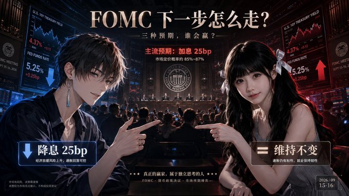 Anime-style illustration titled 'FOMC 下一步怎么走？' (What's FOMC's next move?) depicting a male and female character debating between '降息25bp' (Rate cut 25bp) and '维持不变' (Hold steady), dated 2026/09/15-16, with Fed Funds Rate at 5.25%.