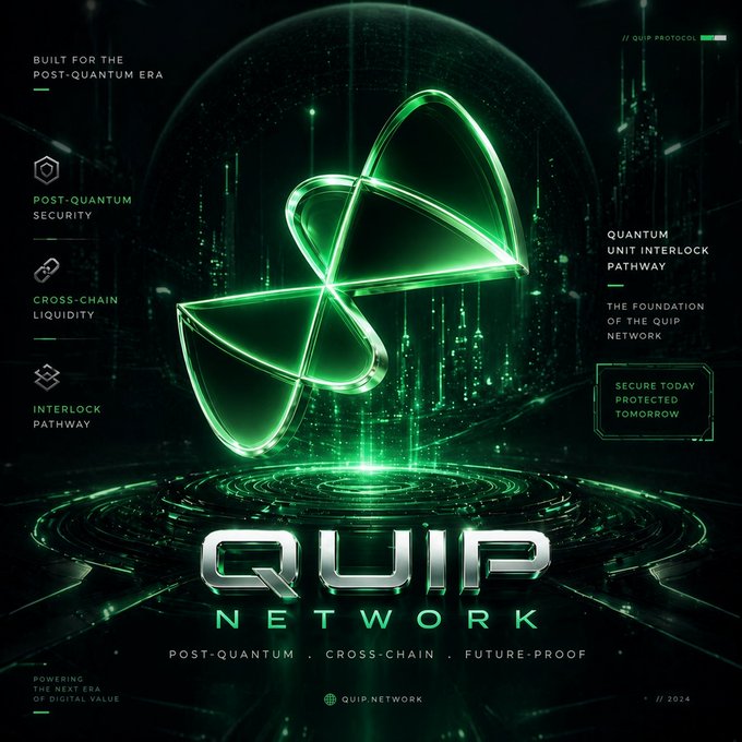 A promotional graphic for 'QUIP NETWORK' featuring a glowing green quantum atom-like logo with text 'POST-QUANTUM . CROSS-CHAIN . FUTURE-PROOF' and various feature callouts.