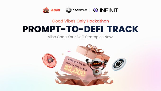 The image shows a white background with a pink background containing text that reads "Good vibes only hackathon prompt -to- defi track!". The text is displayed at the top center of the image, and below it are two logos for InfiniIT company. In the foreground on the right side of the image, there's a pink gift box with a red bow. This text and objects in the image seem to provide a connection between promoting good vibes (inspired by #GoodVibesOnlyHackathon) and utilizing prompt-to-defi track for strategic advantage (inspired by @InfiniIT).