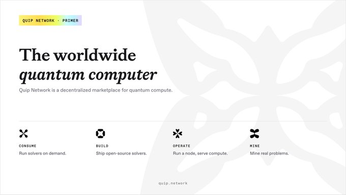 A website header for 'Quip Network' describing it as 'The worldwide quantum computer' with a description noting it is a decentralized marketplace for quantum compute.
