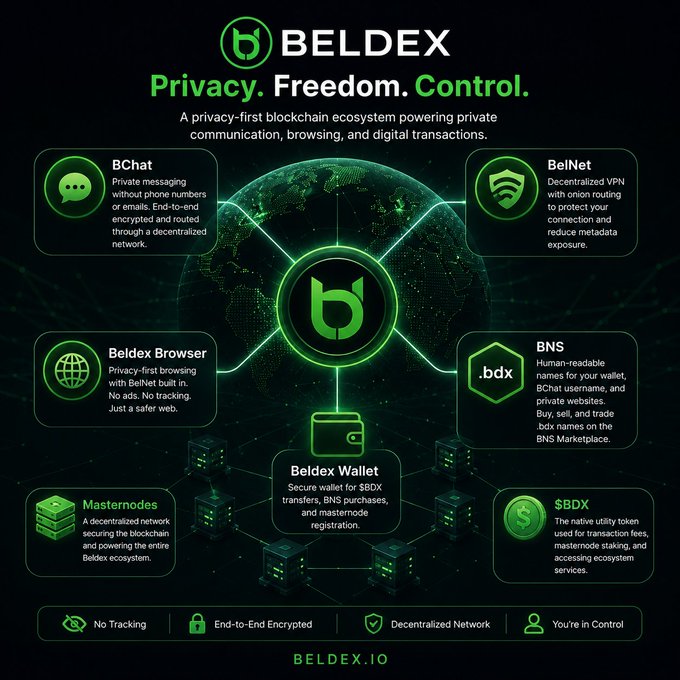 An infographic for "BELDEX" ("Privacy. Freedom. Control.") depicting its privacy-first blockchain ecosystem, including BChat, BelNet, Beldex Browser, Beldex Wallet, BNS, Masternodes, and $BDX.