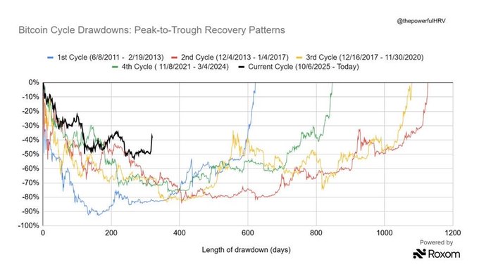 The image compares Bitcoin's current drawdown (black line, starting 10/6/2025) against the peak-to-trough recovery patterns of the previous four cycles, showing it at roughly -50% after ~400 days, which echoes the early-recovery stages of past cycles before eventual recovery.