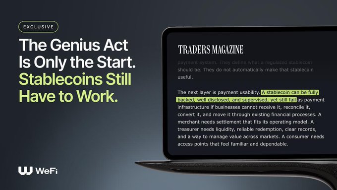 A promotional graphic featuring a laptop displaying 'TRADERS MAGAZINE' with the headline 'The Genius Act Is Only the Start. Stablecoins Still Have to Work' from WeFi.