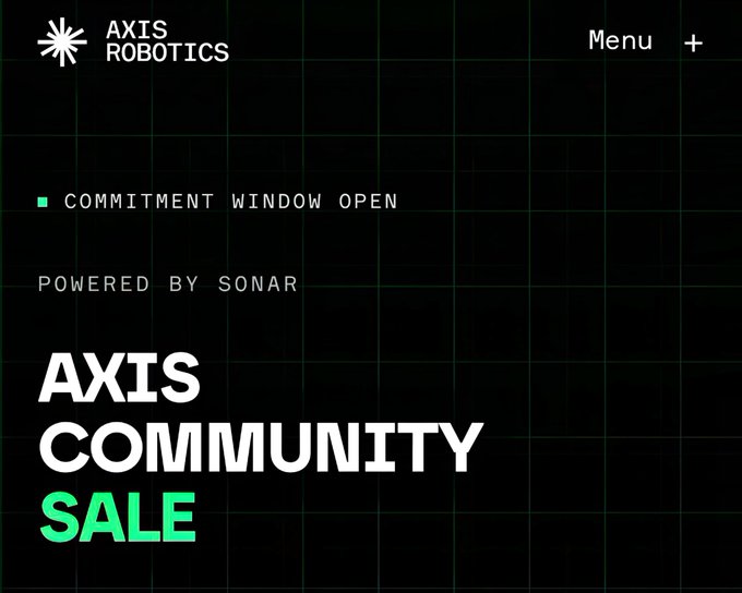 A dark webpage header for 'AXIS ROBOTICS' powered by SONAR, announcing 'AXIS COMMUNITY SALE' with a green indicator noting 'COMMITMENT WINDOW OPEN.'