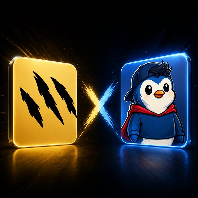 Two glowing app icons face off in an X-pattern clash, with a gold tile marked by three black claw slashes symbolizing the "GTD Whitelist" prize and a blue card featuring the Felis HQ penguin mascot representing the NFT project, visually promoting the giveaway contest.