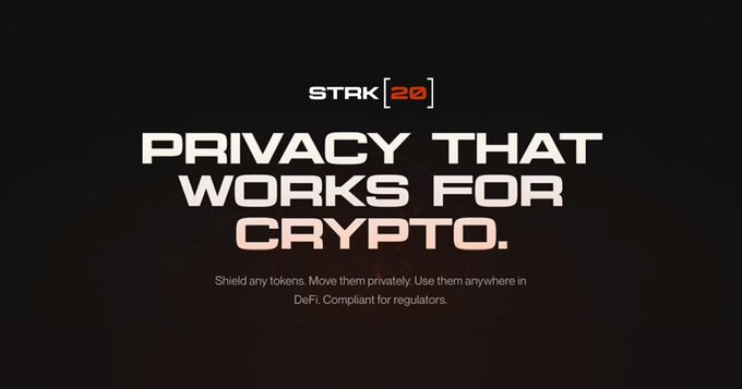 A bold promotional graphic for the "STRK20" privacy platform displays the headline "PRIVACY THAT WORKS FOR CRYPTO" against a dark gradient background, with a tagline explaining it can "Shield any tokens. Move them privately. Use them anywhere in DeFi. Compliant for regulators." The image aligns with the post's call to action, advertising the Private Sprint hackathon to build privacy applications on Starknet using STRK20's shielded balances and anonymizer contracts.