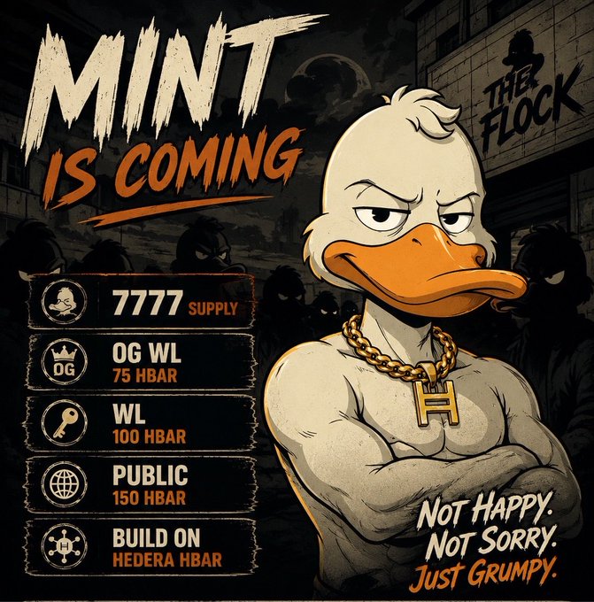 A promotional poster for 'The Flock' NFT collection titled 'MINT IS COMING', featuring a grumpy muscular duck mascot wearing a gold 'H' chain, with tiers: 7777 supply, OG WL 75 HBAR, WL 100 HBAR, Public 150 HBAR, built on Hedera HBAR.